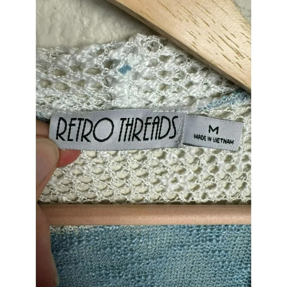 Retro Threads Open Knit Cardigan Size medium blue white striped crochet Boho - Picture 3 of 9